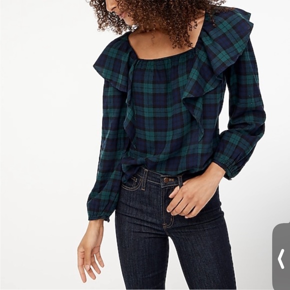 J Crew Factory black watch plaid ruffle top - L - Picture 1 of 8